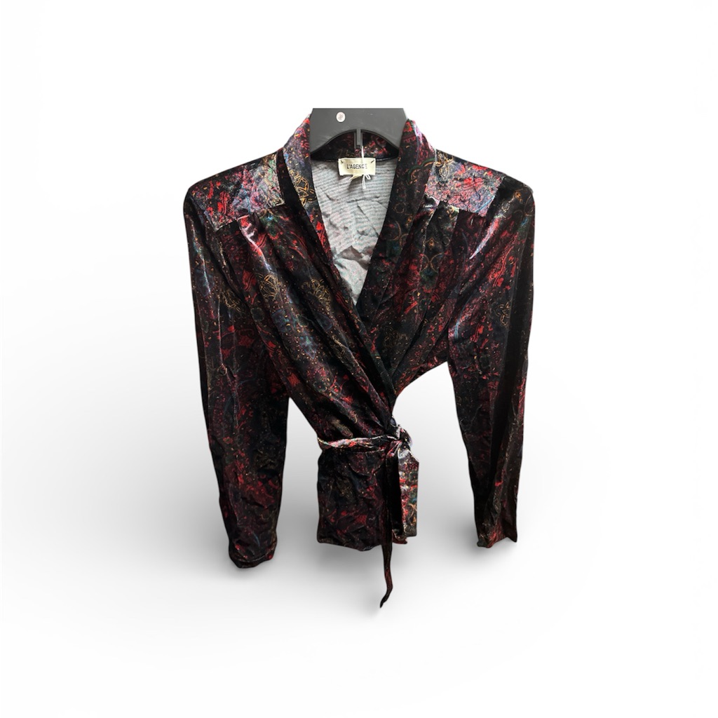 L'agence Preppy Medallion Print Velvet Wrap Blouse Baby Doll Size Xlrg
